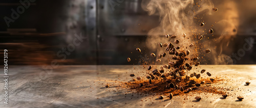 Wallpaper Mural coffee beans and ground coffee flying over a metal tabletop, advertising specialty coffee roasting and preparation, copy space for text Torontodigital.ca