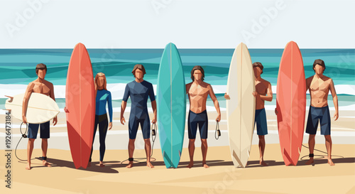 Group of young men and one woman stand on the beach with their surfboards, rendered in a low-poly style with a bright and summery mood.