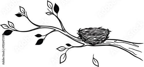 The image presents a detailed black and white drawing of a branch adorned with leaves and a bird's nest, capturing a serene moment in nature.