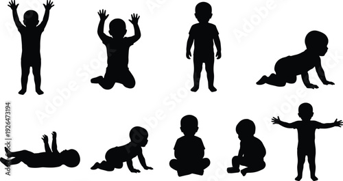 Baby silhouette collection set, infant toddler poses crawling sitting standing playing isolated on white background, flat vector illustration
