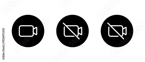 Camera and no video icon in black circle. Webcam and recording restriction symbol