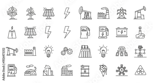 Collection of hand-drawn energy and environmental icons for various applications.