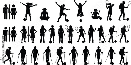 Black silhouette collection of people playing sports, walking, hiking, tennis, soccer, isolated on white background vector set active lifestyle concept