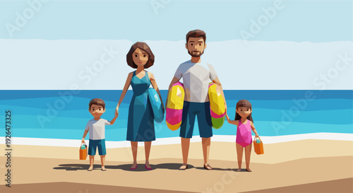 Cartoon style family of four walks on a sandy beach near the ocean, with swim rings; a cheerful, vibrant image for summer vacation themes.