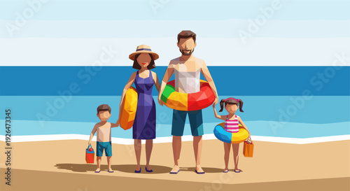 Geometric illustration of a family of four standing on a sandy beach with inflatable rings, enjoying a sunny summer day, perfect for travel and lifestyle concepts.