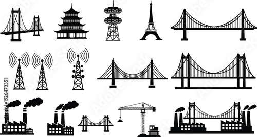 Industrial factory skyline silhouette set with oil refinery, power plant, construction cranes, suspension bridges, communication towers, and global landmarks isolated on white background