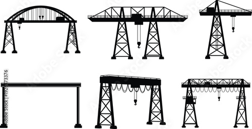 Industrial gantry crane silhouettes set featuring heavy duty overhead lifting equipment for shipping ports construction sites manufacturing plants logistics warehouses and civil engineering projects