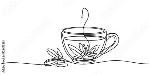 Sage tea in a glass cup continuous one line drawing, Sage tea cartoon vector isolated illustration, Medicinal herb Salvia officinalis. Cup of medical tea. Infusion made from sage leaves set. Hand draw