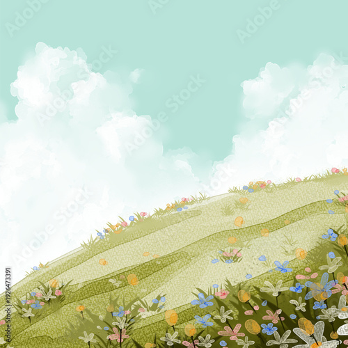 Beautiful green hillside with colorful flowers and fluffy white clouds