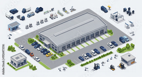 Isometric view of a modern industrial building with surrounding infrastructure and vehicles.