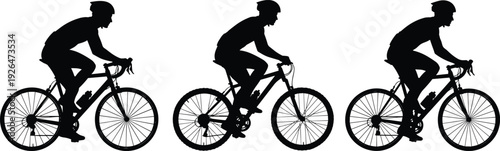 Black silhouettes of cyclists riding bicycles isolated on white background representing speed, motion, endurance, fitness, commuting and outdoor sport lifestyle