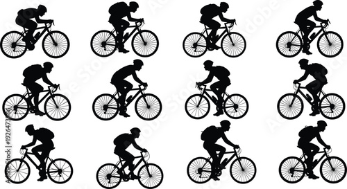 Black silhouettes of cyclists riding bicycles isolated on white background showing motion, speed, endurance, fitness, travel and outdoor sport lifestyle