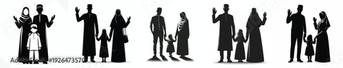 vector silhouette of a Muslim family standing waving their hands
