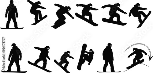Snowboarder Silhouette Collection Featuring Dynamic Winter Sport Tricks, Jumps and Freestyle Action Poses Isolated Vector Illustration Set