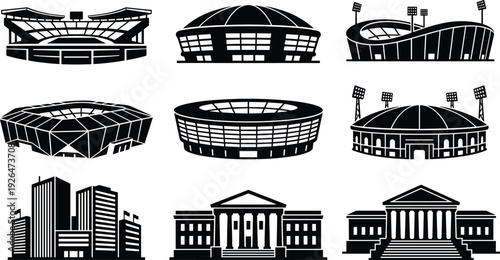 Stadium and Landmark Building Silhouette Icon Set Featuring Sports Arenas, Modern City Skyscrapers and Classical Government Architecture Vector Collection