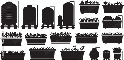 Black silhouettes of various planters and potted plants collection