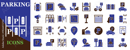 Parking and vehicle transportation editable 2-color solid vector icon set featuring car park, EV charging and parking meter symbols