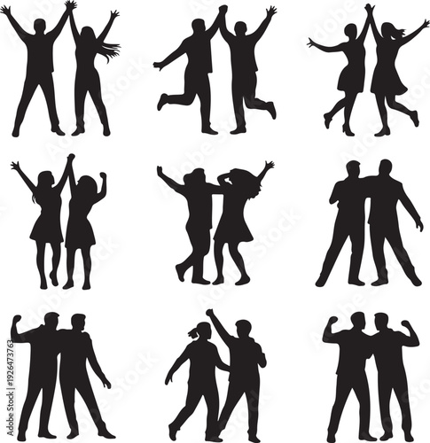 black silhouettes of people jumping and dancing alone or in pairs on white background
