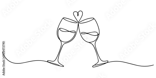 Two wineglasses with heart shape continuous line drawing. Cheers toast symbol. Celebration concept, Two wine glasses toasting with heart shape continuous one line drawing vector illustration minimal.