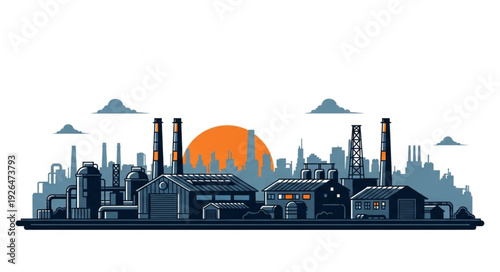 Industrial cityscape silhouette with sun rising, factory buildings, and smokestacks.