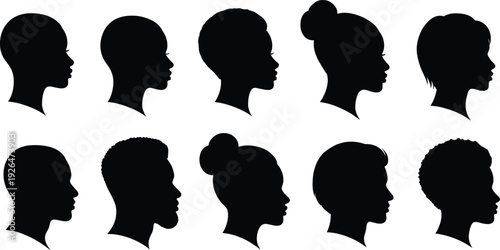 Black silhouettes of male and female human head profiles isolated on white background representing identity, diversity, avatars and modern social concepts