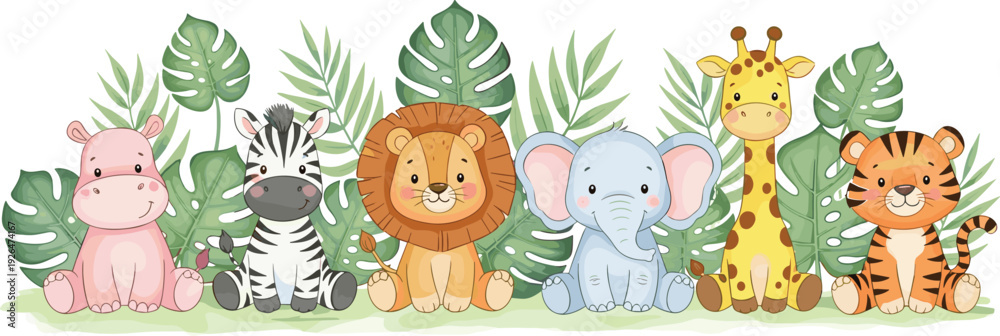 Obraz premium Cute Safari Jungle Animals Sitting with Tropical Leaves Vector Illustration