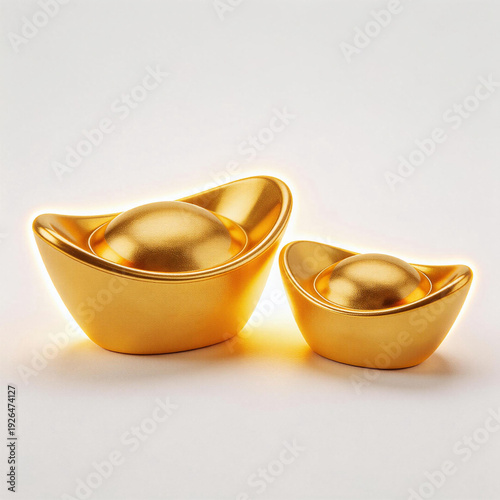 Two Golden Ingot Ornaments on White Background