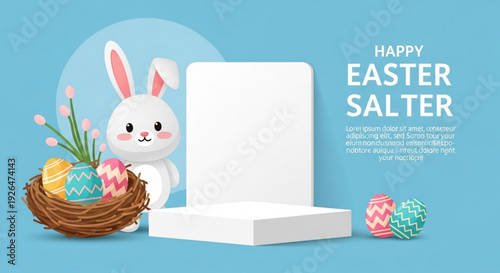 Easter bunny with colorful eggs in nest and blank white display board on blue background for holiday promotions