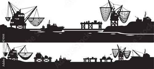 Silhouette of fishing village with boats and windmills landscape