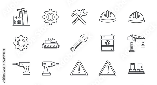 Industrial tools and equipment icons representing construction and manufacturing.