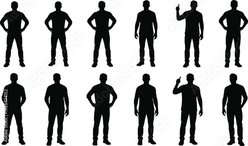 Black silhouettes of men standing confidently in different poses isolated on white background representing leadership, authority, confidence and power concepts