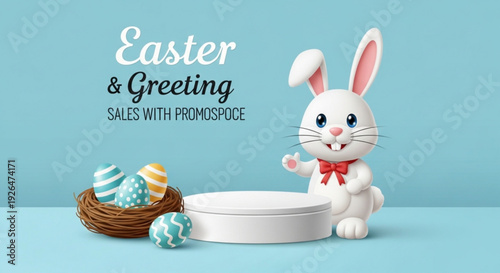 Easter bunny with basket eggs and gift box on blue background for holiday greeting sales promo