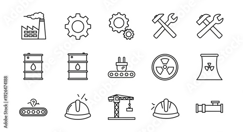 Industrial and manufacturing icons representing various aspects of production and construction.