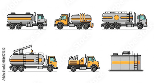 Various fuel tanker trucks in different designs and configurations for transportation purposes.