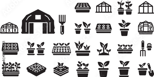 Black and white gardening icons and plants illustration set