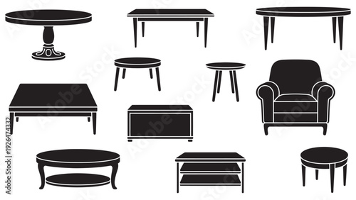 Flat design furniture illustration set, tables, armchair, chairs, home interior decor, modern living room, minimal style, household vector graphics