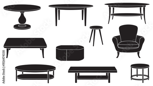 Flat design furniture vector set, tables, armchair, chairs, modern home decor, living room interior, stylish, minimal, household illustrations, vector collection