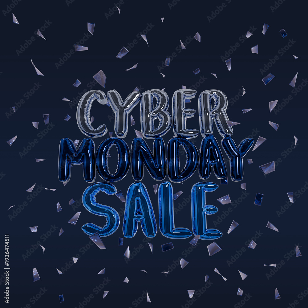 Fototapeta premium Cyber Monday Sale 3D Blue Metallic Balloon Text on Navy Confetti Background