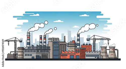 Industrial complex illustration depicting factories with smoke stacks and construction cranes against a cityscape.