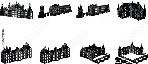 European castle and palace silhouette collection, historic architecture landmarks isolated on white background, detailed flat vector illustration set