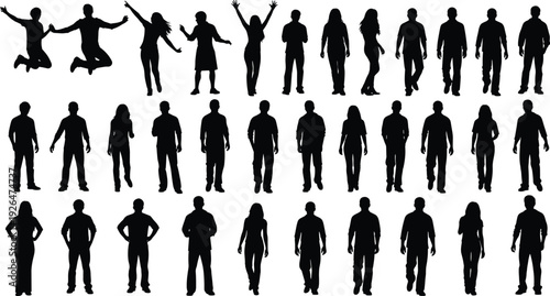 Black silhouettes of people walking, jumping and standing in various poses isolated on white background representing lifestyle, movement and diversity