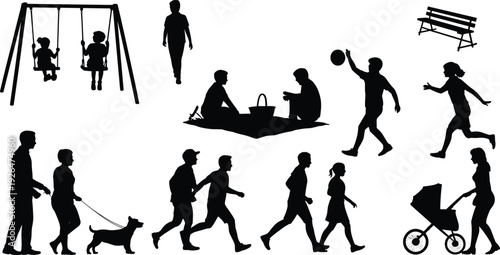 Family outdoor activities silhouette set, parents children playing walking dog jogging playground scene, flat vector illustration collection