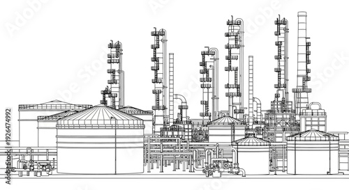 Detailed line drawing of a large industrial oil refinery or chemical plant with multiple towers, tanks, and pipelines.