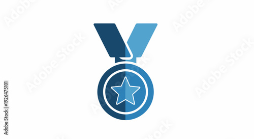 Blue Medal Icon with Star and Ribbon Isolated on White Background Vector