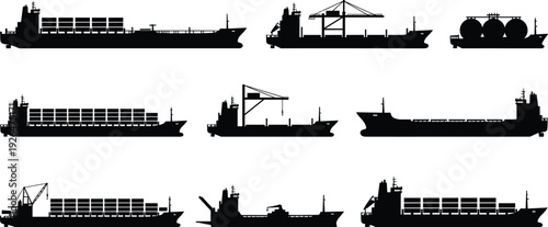 Cargo and tanker ship silhouettes collection, container vessel, LNG carrier, bulk freighter, maritime transport fleet, commercial shipping vector isolated illustration