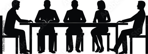 Business Meeting Silhouettes, Corporate Team Discussion Around Table, Professional Men and Women Conference, Isolated Black Figures