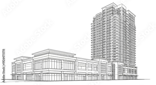Architectural line drawing of a modern mixed-use building complex with a tall tower and a lower commercial structure.