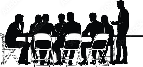Business meeting silhouettes, team discussion at conference table isolated on white background corporate teamwork concept illustration