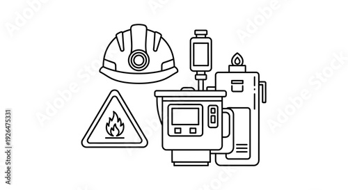A line art illustration of industrial safety equipment including a hard hat, a fire hazard sign, and monitoring devices.