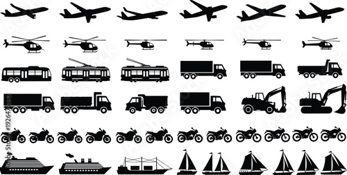Transportation silhouette set including airplanes helicopters trucks buses motorcycles ships and construction vehicles for logistics travel cargo delivery transit and global shipping industry design